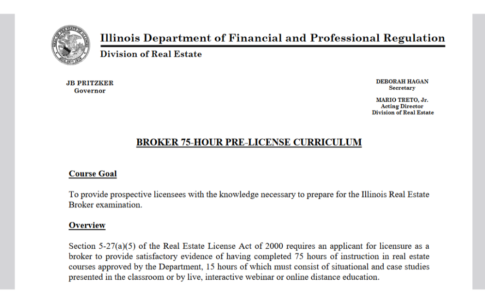 Screenshot of an official document from the Illinois Department of Financial and Professional Regulation detailing the course goal and overview for a Broker 75-hour pre-license curriculum.