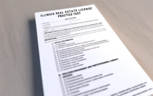 An Illinois real estate license practice test on a wooden surface.